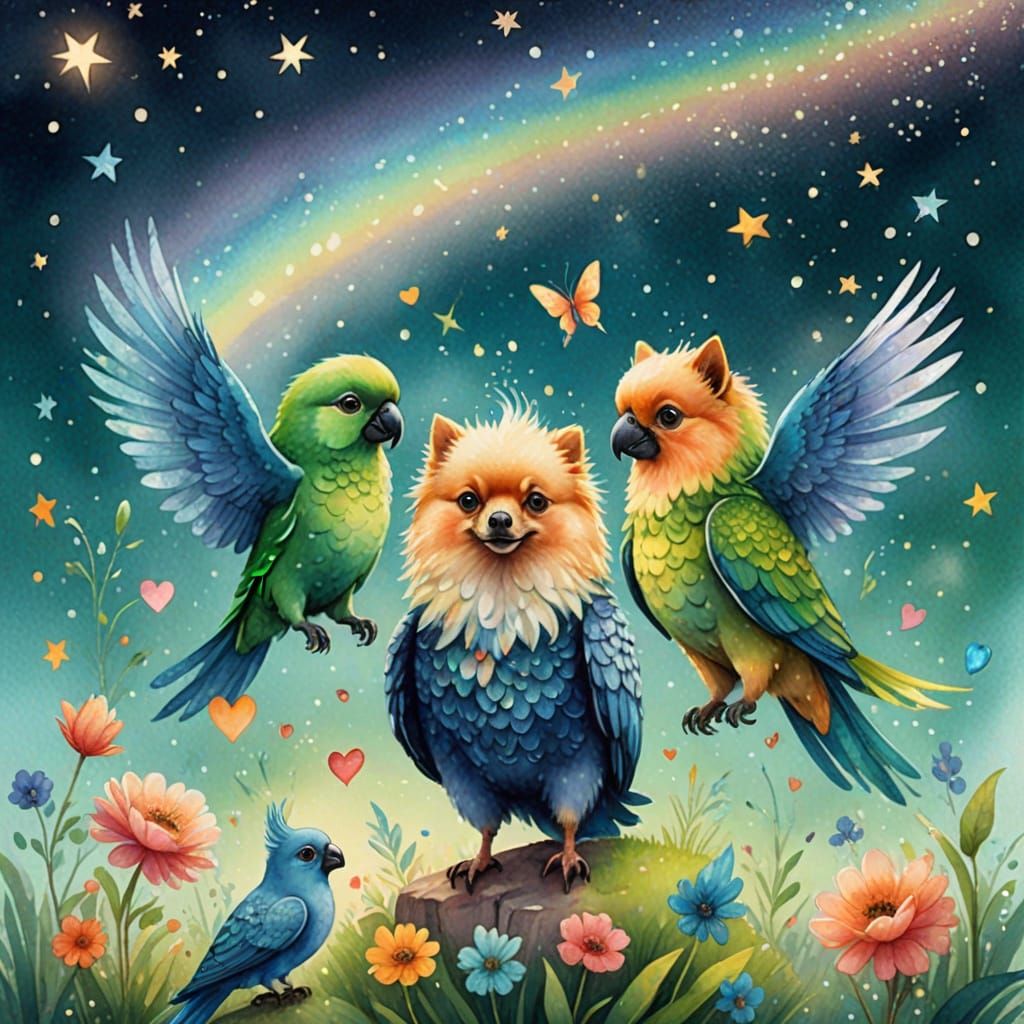 Vibrant Fairy Tale Scene with Parrots and Pom-Poms
