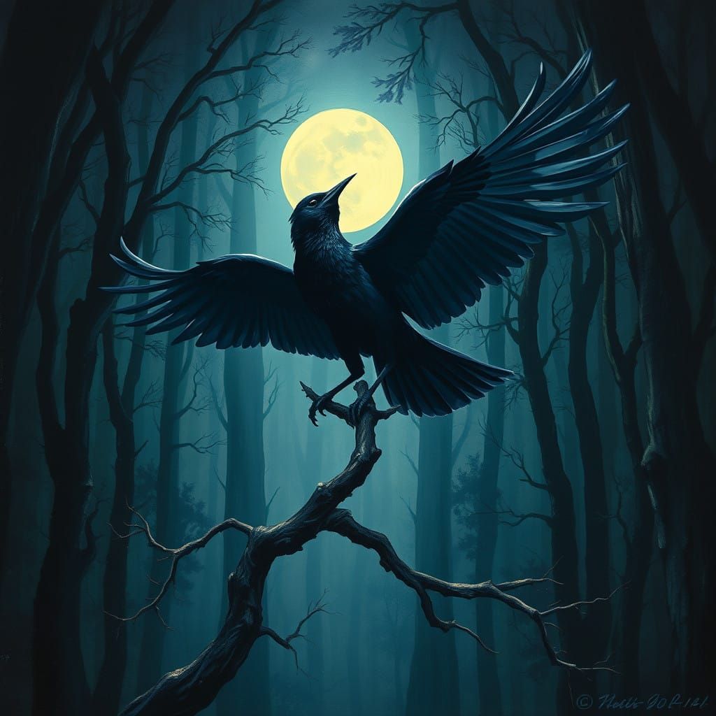 Majestic Blackbird Takes Flight Under Moonlit Forest Canopy