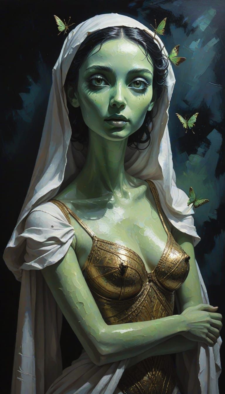 Alien Mantis Woman with Tome in Dense Fog