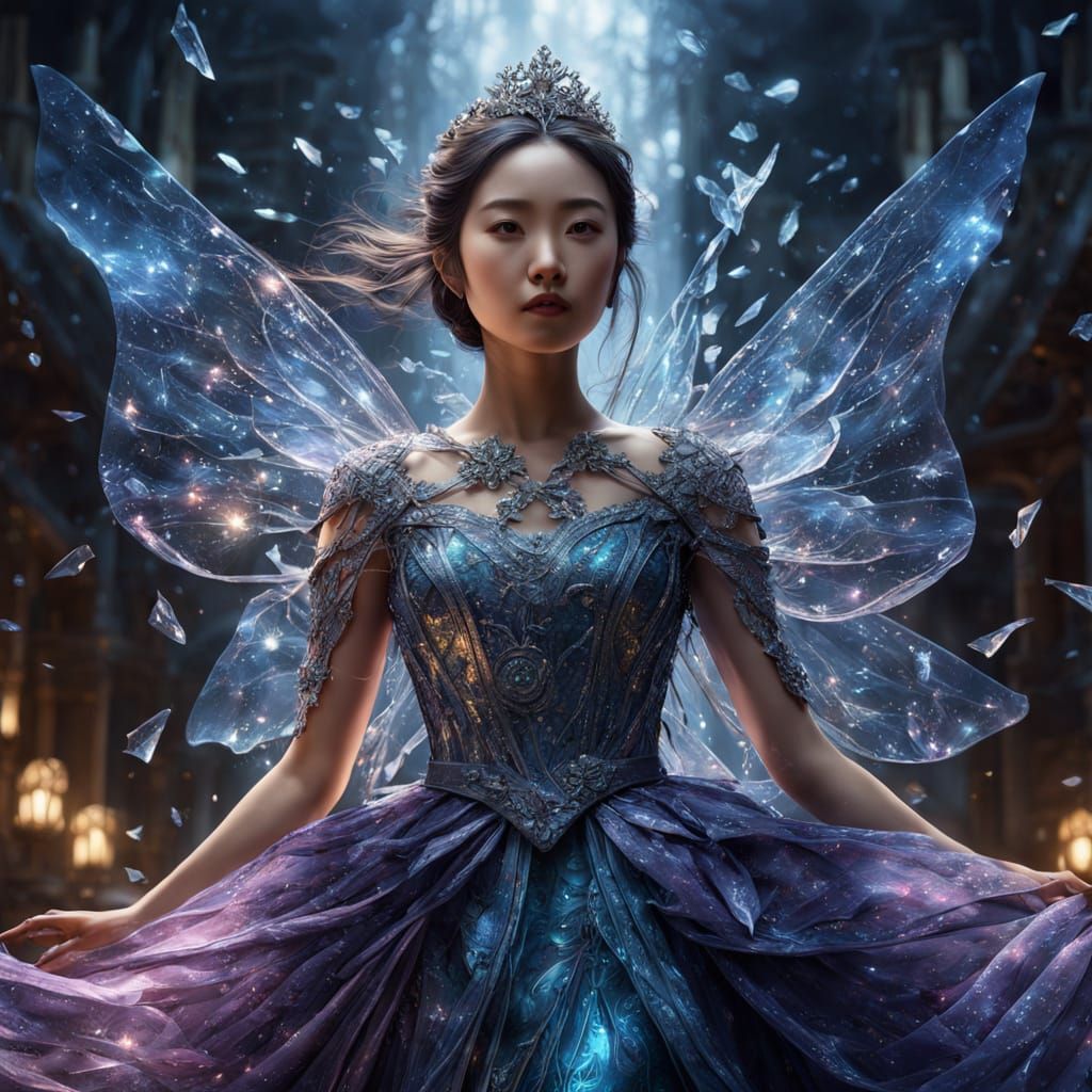 Asian Woman in Shimmering Glass Gown with Flying Shards