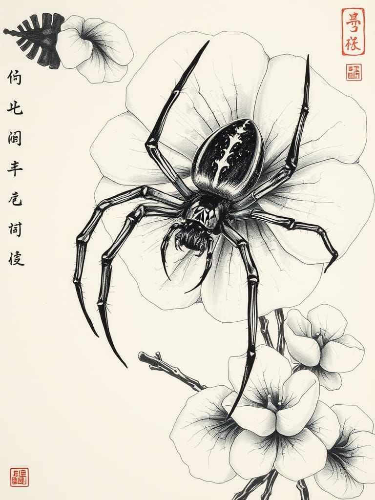 Chinese Ink Painting of Spider on Flower