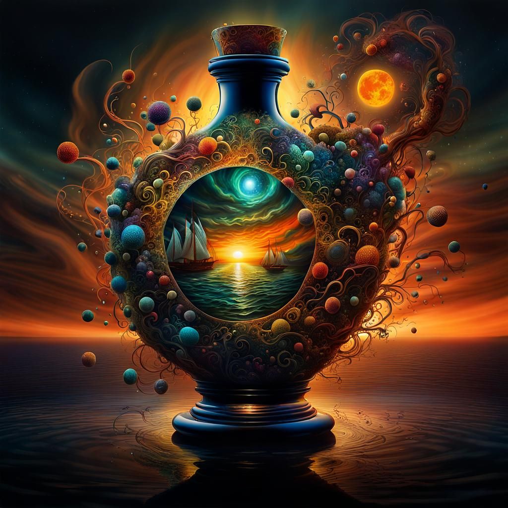 Surreal Bottle in Dark Botanical Fairy-Tale World
