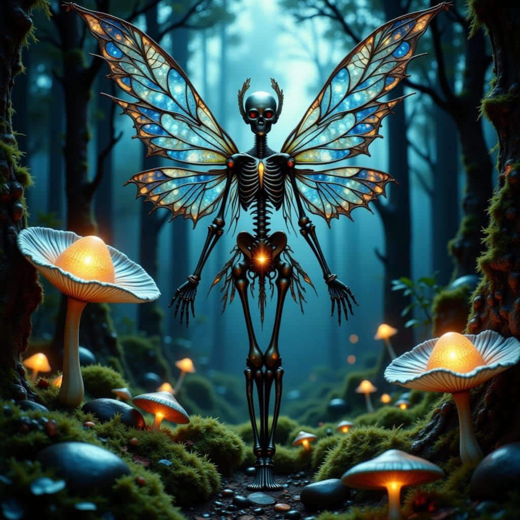 Skeletal Fairy in Moonlit Forest with Bioluminescent Glow