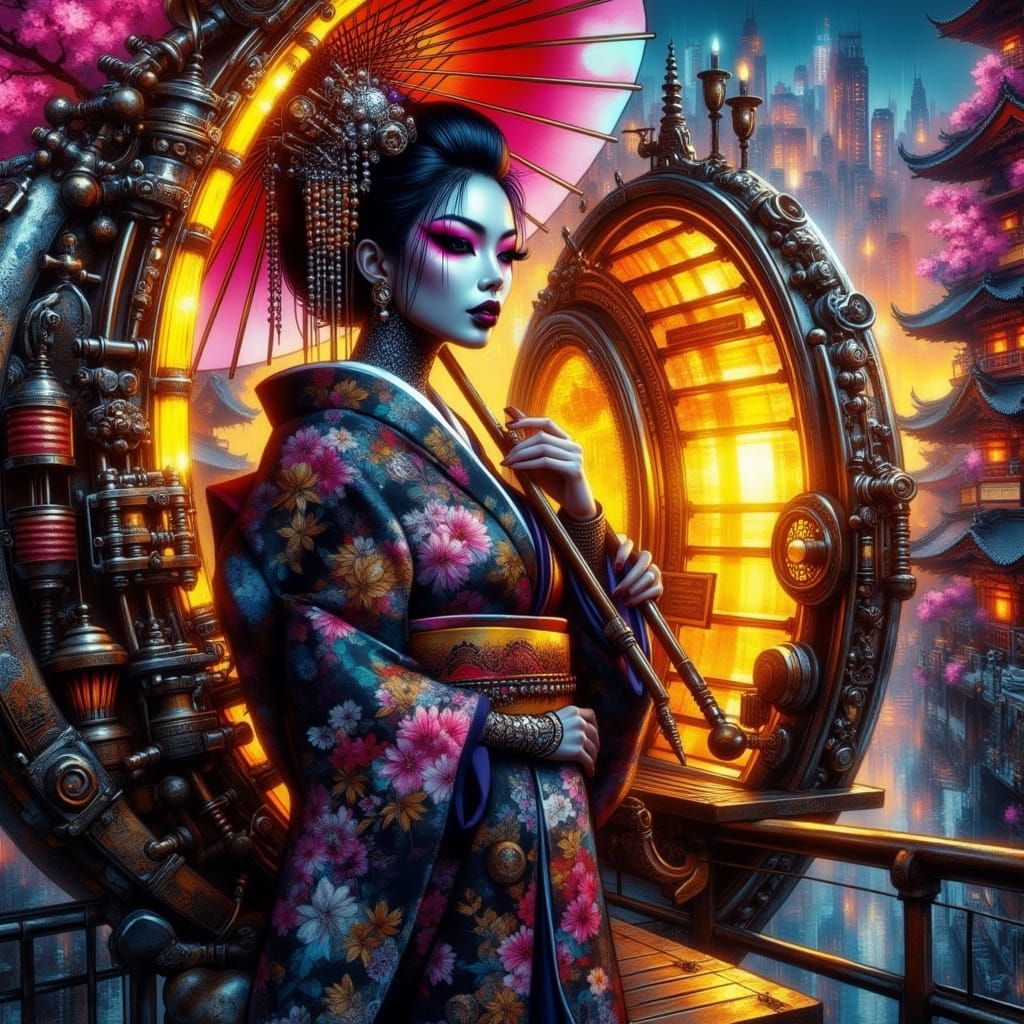 Geisha Enters Futuristic Time Machine in Steampunk Style