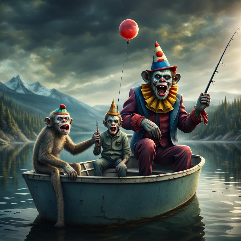 Zombie Monkey Clown Family Fishing: Digital Matte Painting
