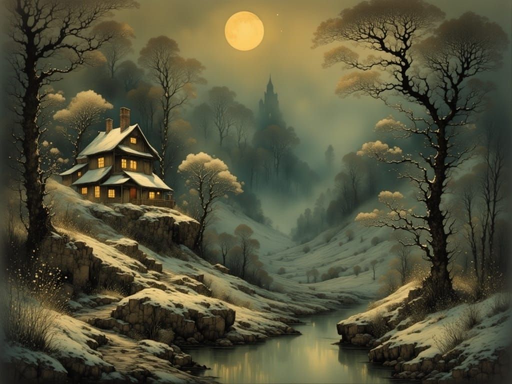 Cozy House in Snowy Valley at Night