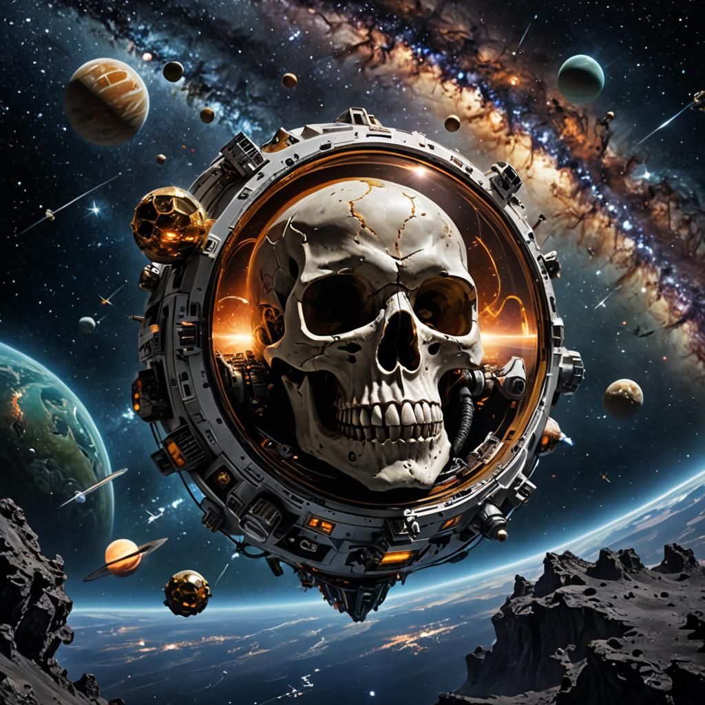 skull spaceship flying in space