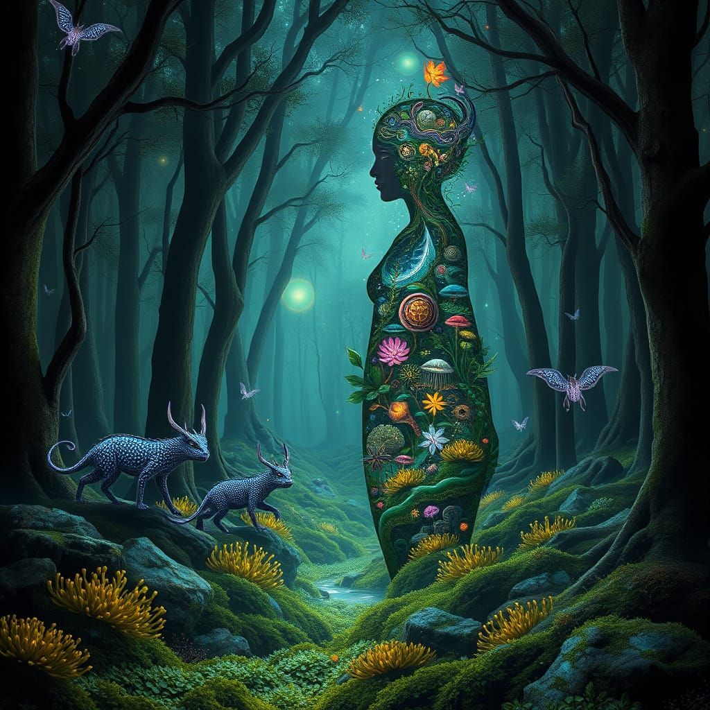 Bioluminescent Forest with Mythical Creatures in Bio-Art Sty...