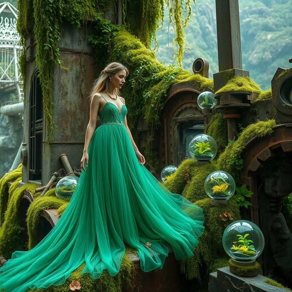 Emerald Goddess in a Reclaimed Cyberpunk Landscape