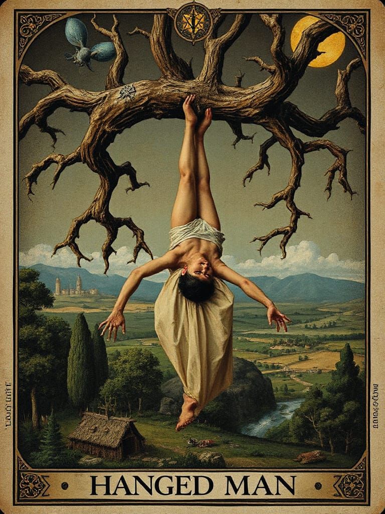The Hanged Man Tarot Card in Eerie, Fantastical Style