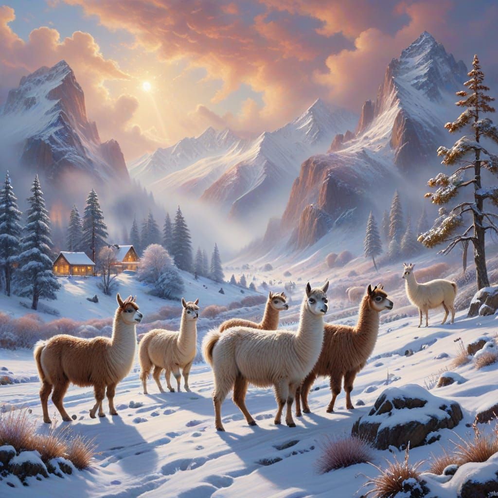 Llamas in Snowy Andes Mountains, Hyperdetailed Fantasy Art