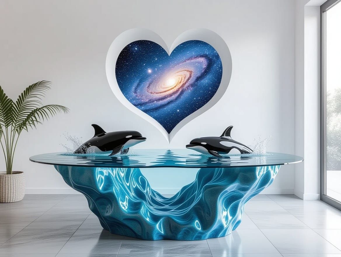 Surreal Dolphin Sculpture Coffee Table with Galaxy View