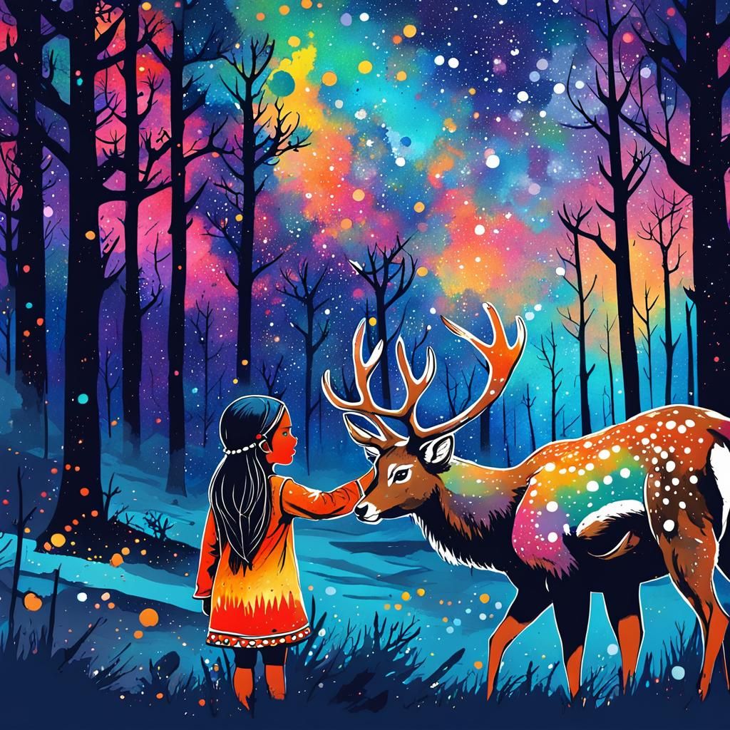 Native Girl and Deer: Ink Splatter Art