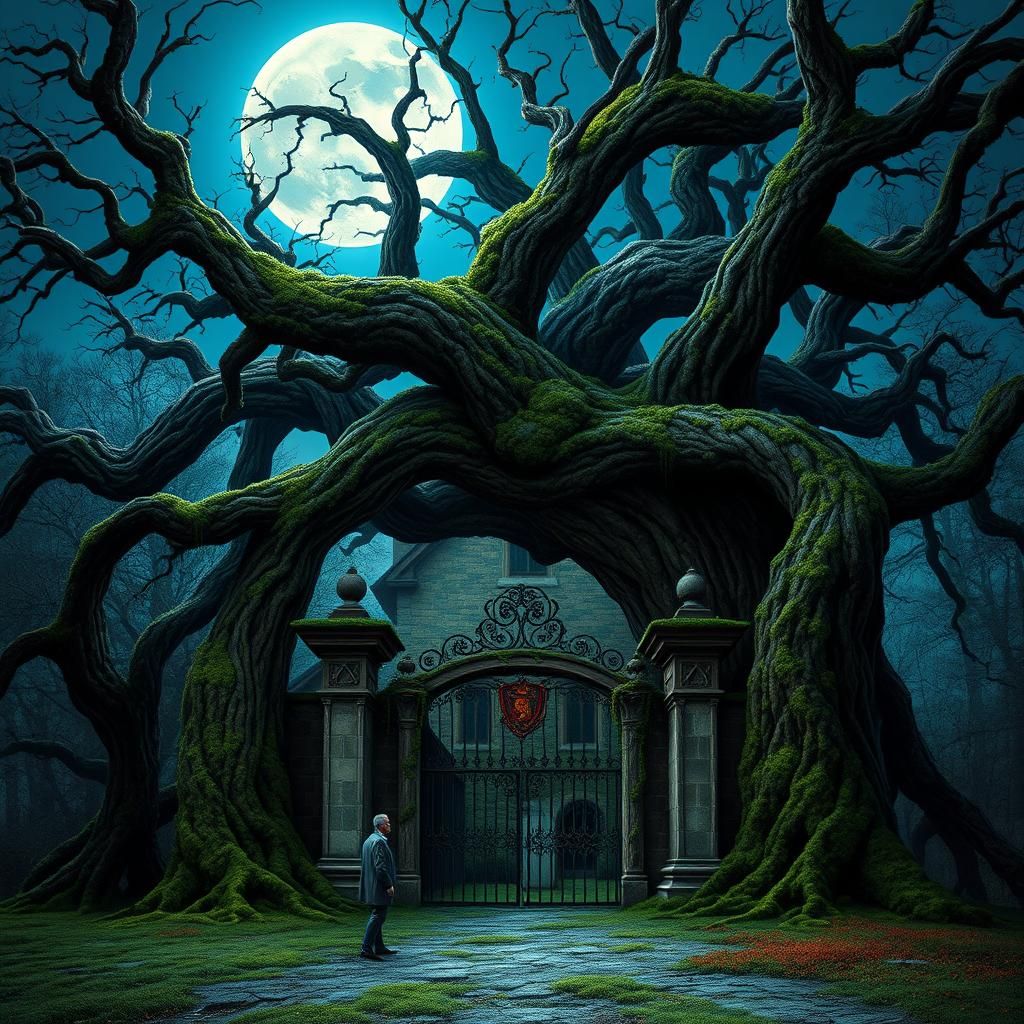 Gnarled Tree at Abandoned Manor: Dark Fantasy Art