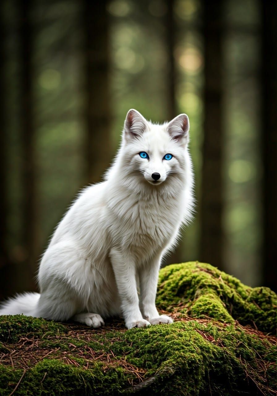 Majestic Snow-White Fox-Cat in Enchanted Forest