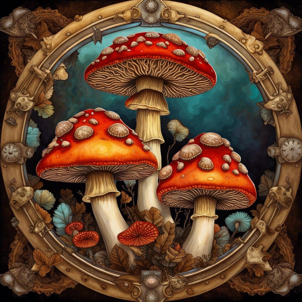 Steampunk Amanita Mushrooms with Fantasy Colors