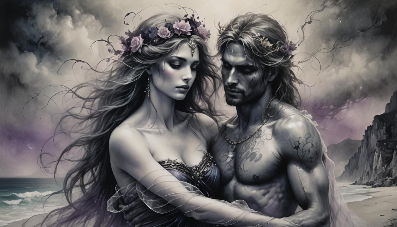 Aphrodite and Ares Embrace in Dark Fantasy Art