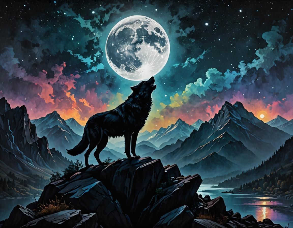 Howling Wolf Silhouette Under Moon in Expressionist Style