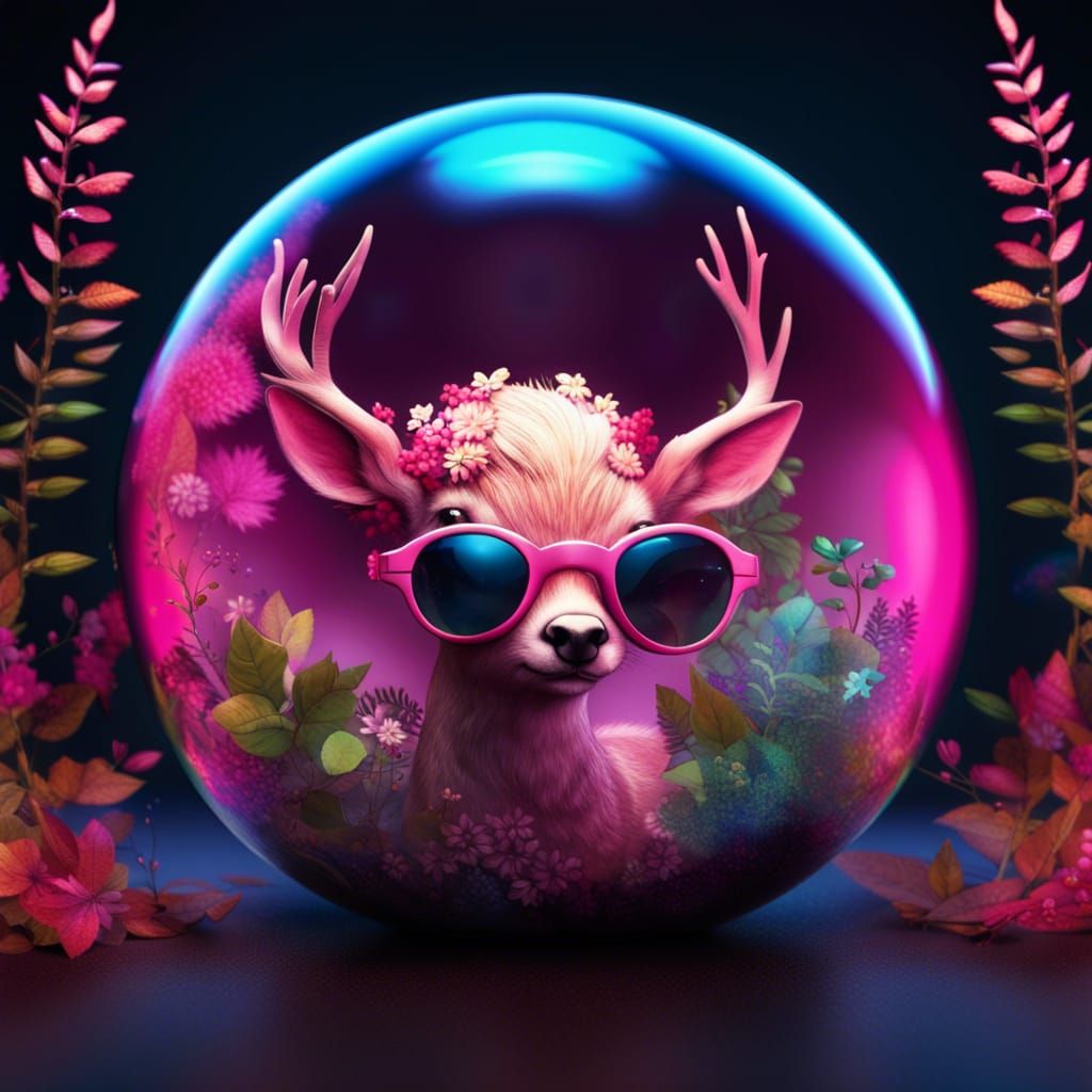Cute Pink Deer in Iridescent Bubble