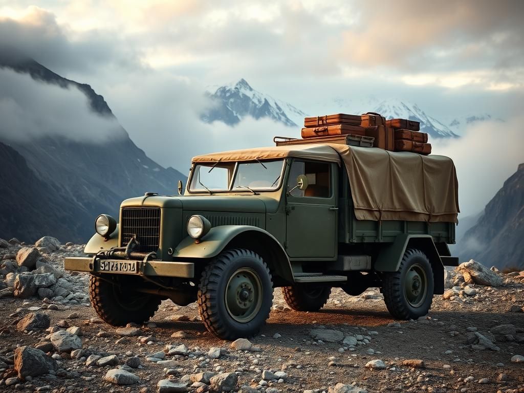 Vintage Fiat Truck on Rocky Terrain, Neorealist Style