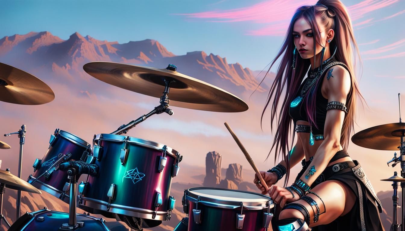 Cyberpunk Drummer Girl Performing with Rock Band