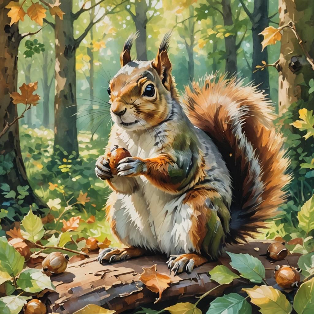 Squirrels Playing in Trees: Impressionistic Oil Painting
