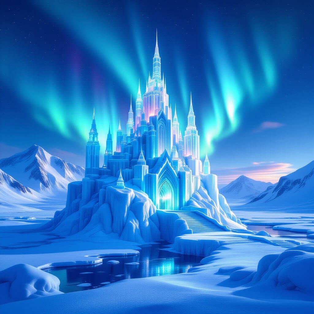 Majestic Ice Castle in Arctic Aurora Landscape