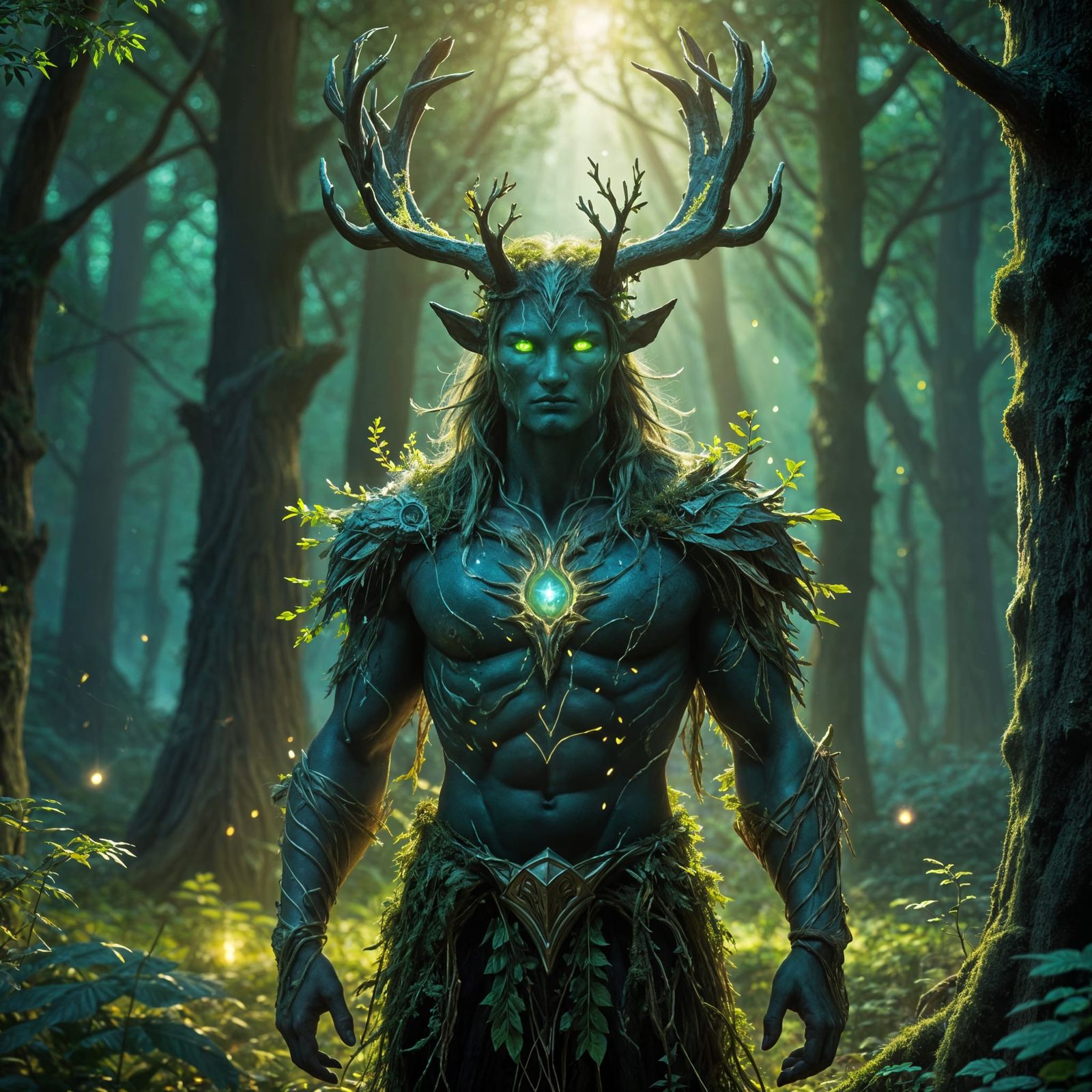 Forest Spirit Radiating Green Energy with Glowing Eyes