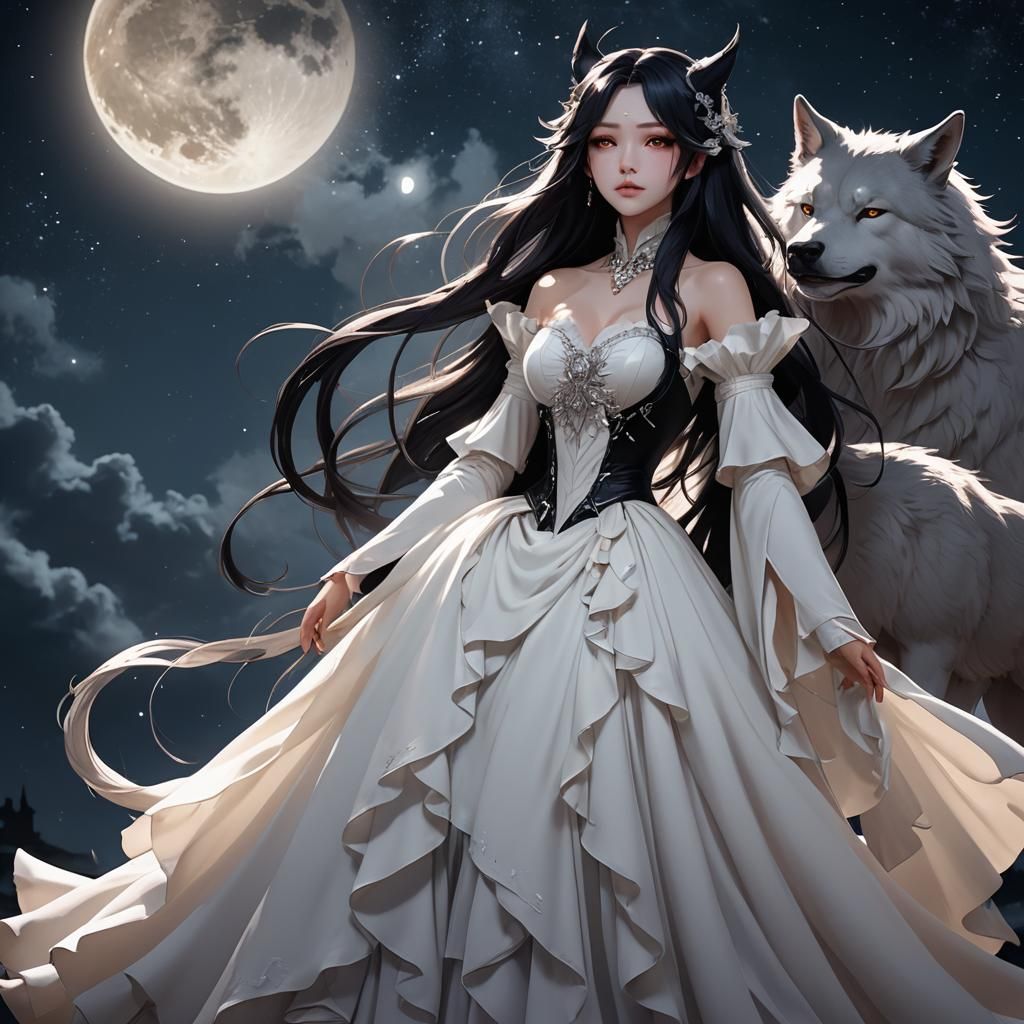 Elegant Demon Wolf Girl Gazing at Night Sky