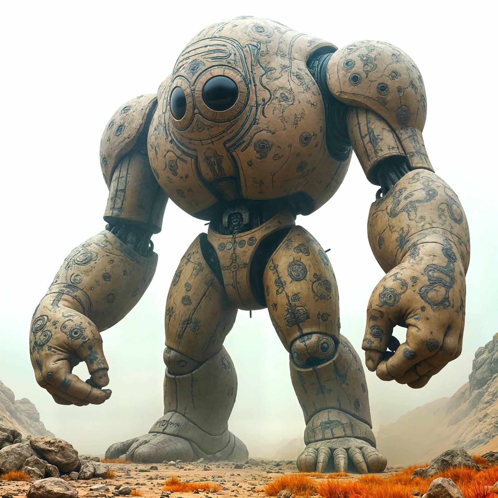 Towering Sandstone Golem with Circuitry, in Biomechanical St...