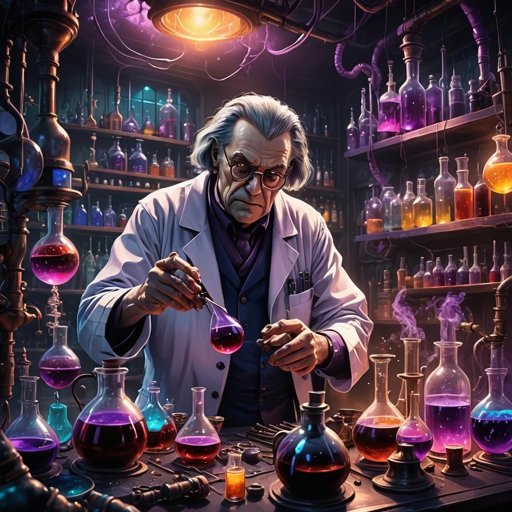 Cartoon Evil Scientist Brewing Potions in Mystic Lab