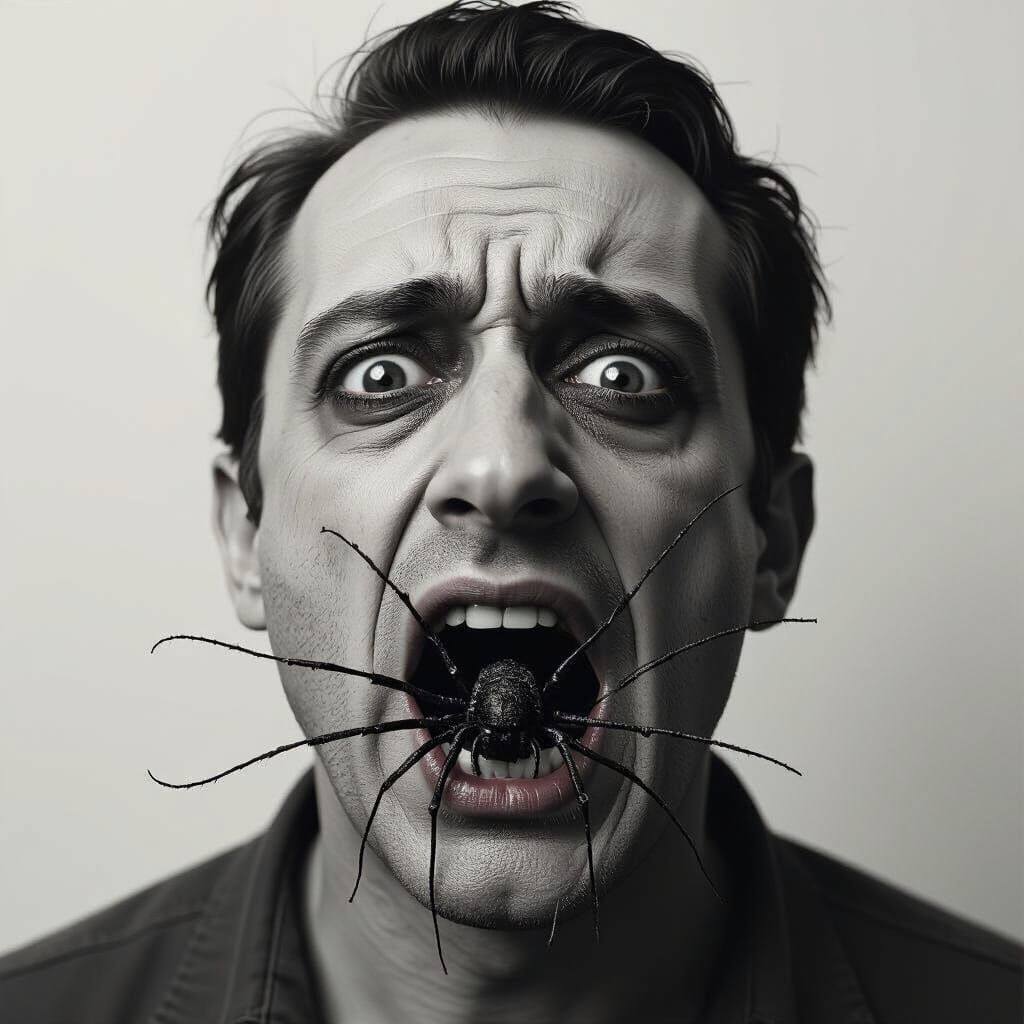 Horror Portrait of Man with Spider Emerging