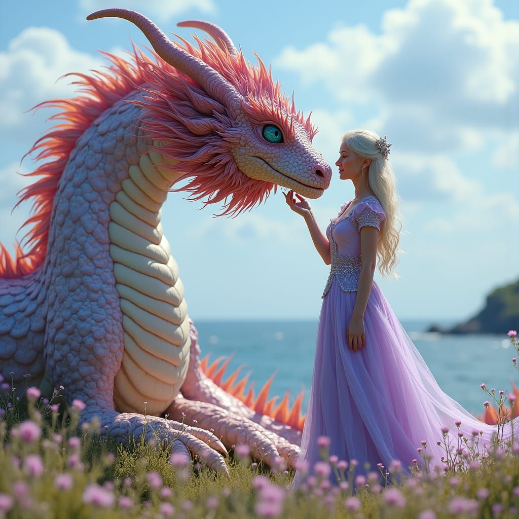 Daenerys and Flower Dragon in a Dreamlike Meadow