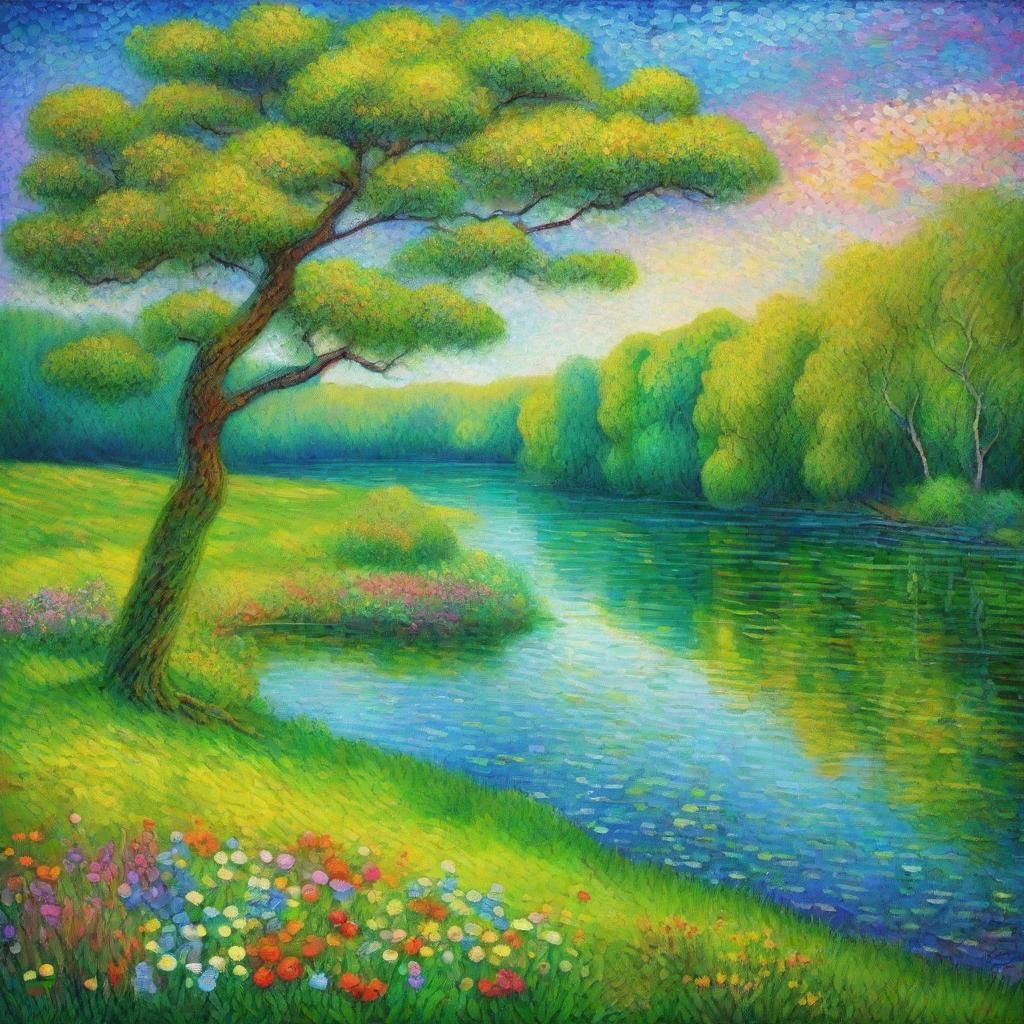 Lush Meadow Landscape in Neo-Impressionistic Style
