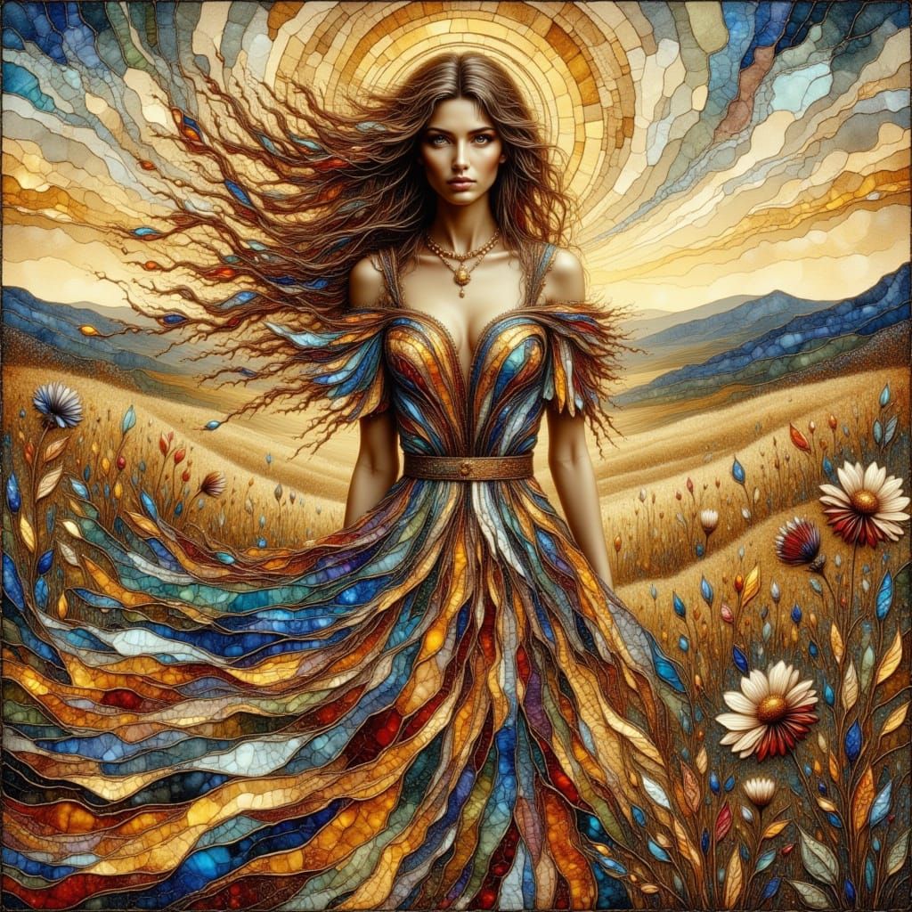 Elegant Woman in Serene Landscape, Mucha & Jean Inspired