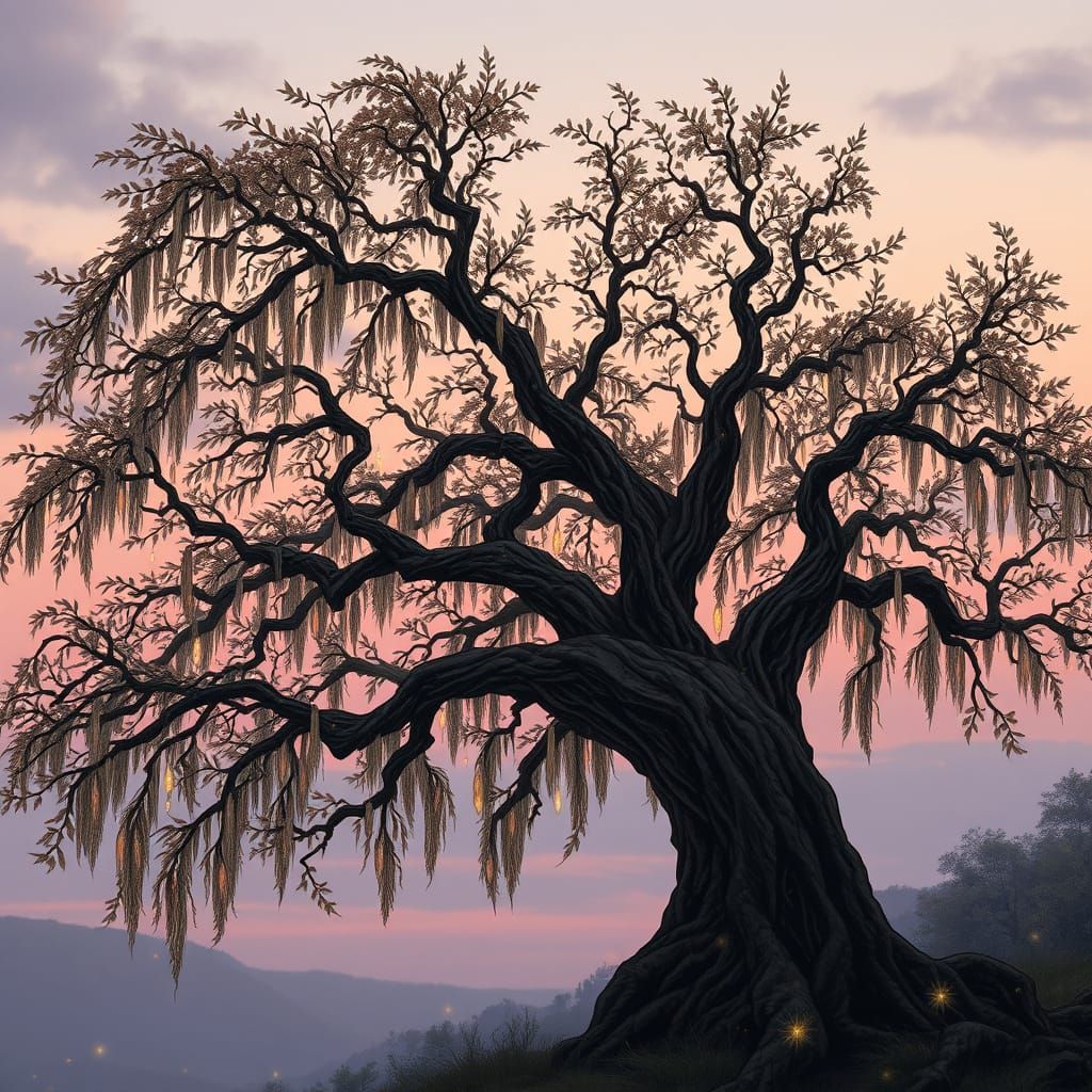 Glowing Crystal Willow Tree in Twilight Silhouette