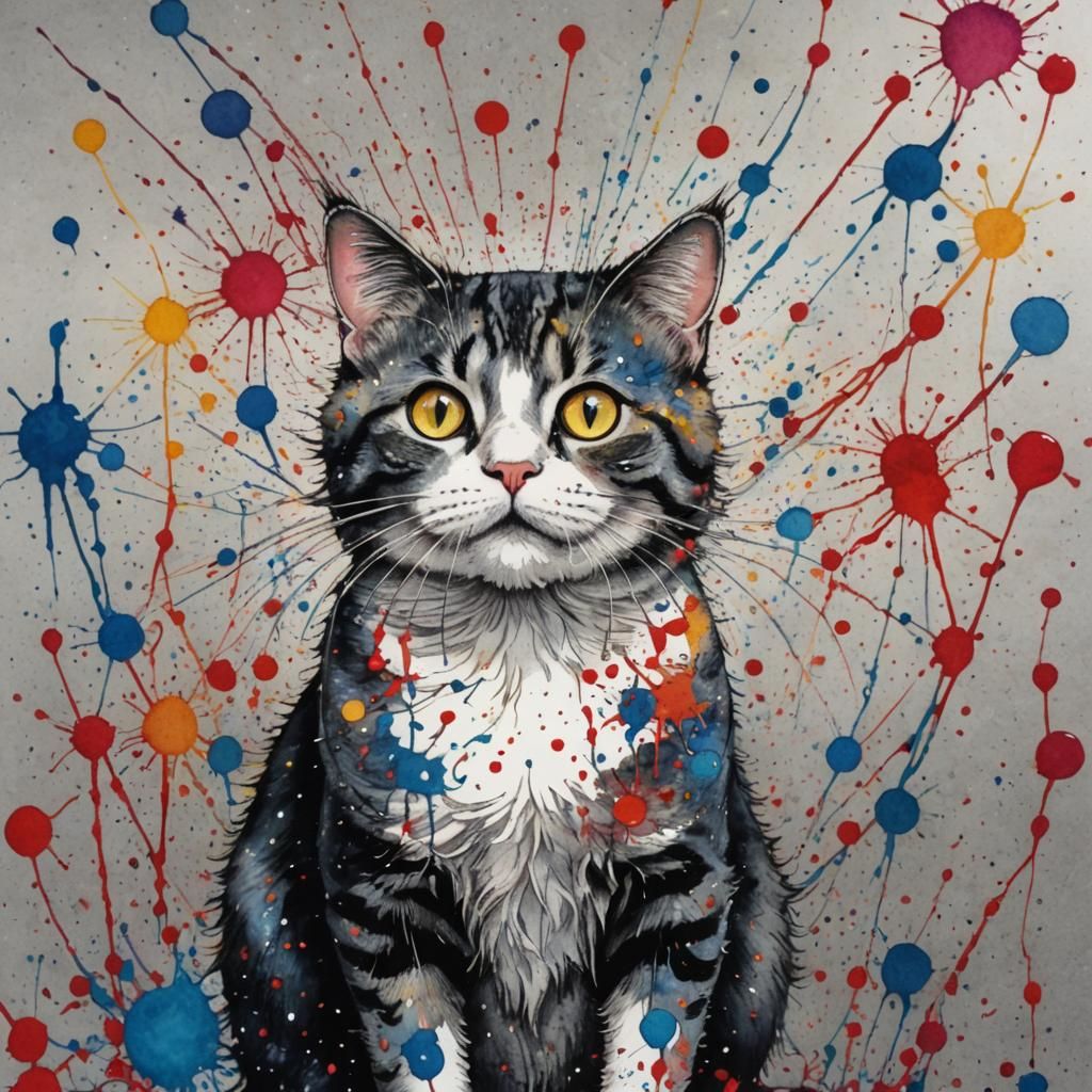 Colourful Watercolour Cat Illustration with Ink Splatters