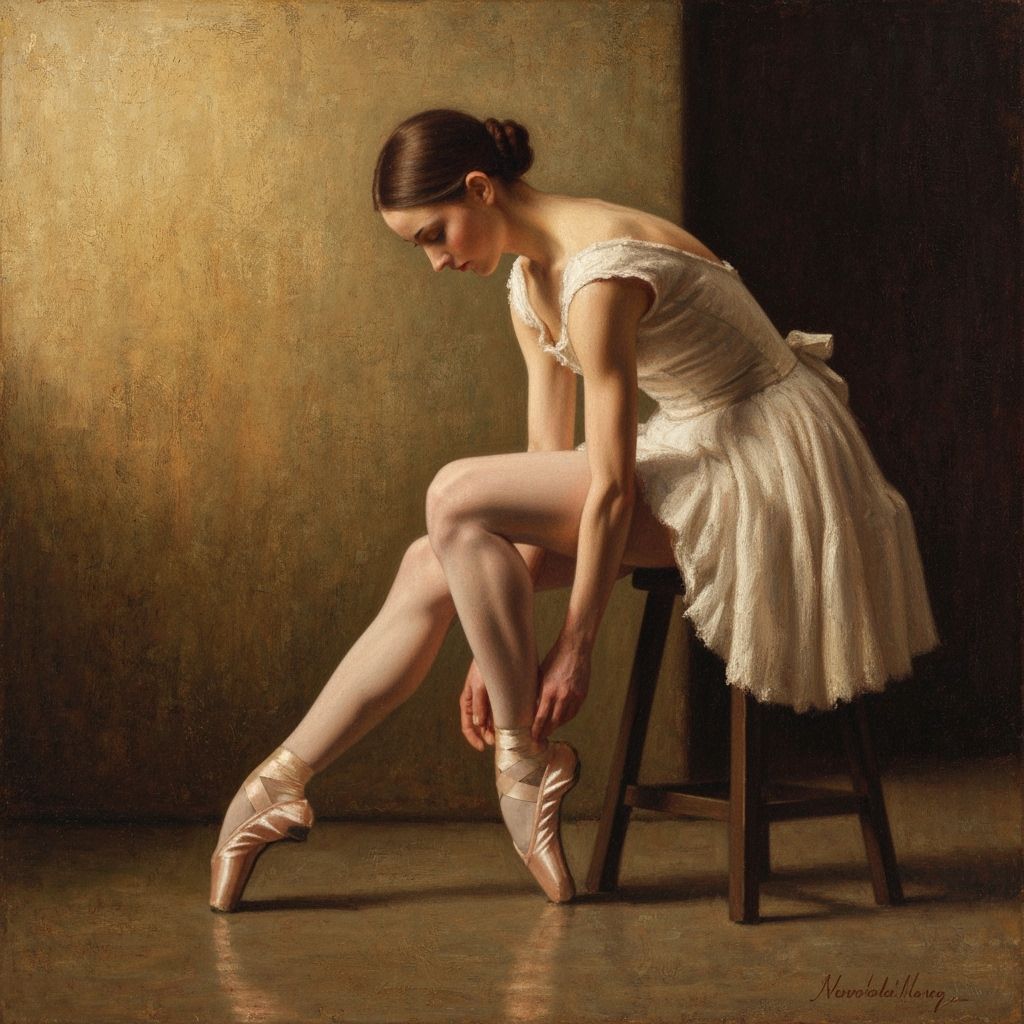 Ballet Dancer Adjusts Pointe Shoes Backstage, Impressionisti...