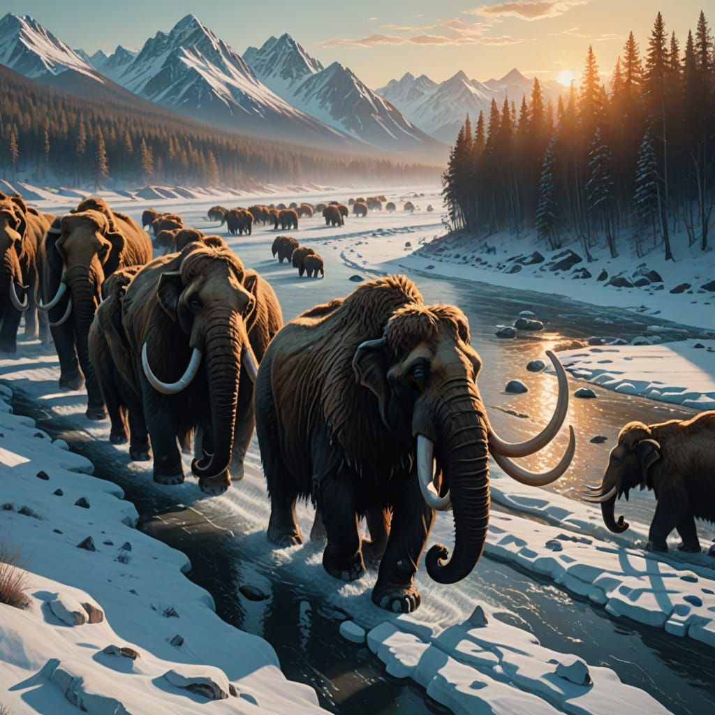 Mammoth Herd Crossing Frozen River at Sunrise