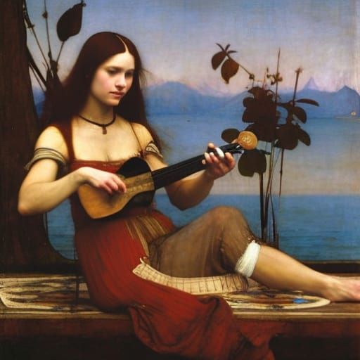A beautiful woman playing a ukelele by Leonardo da Vinci, Jo...
