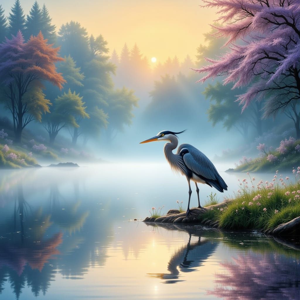 Heron in Pastel Landscape, Art Nouveau Style