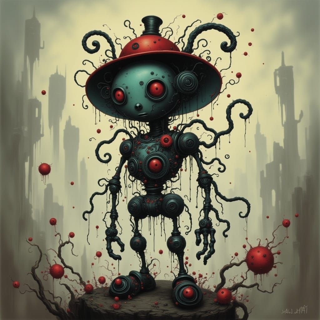 Robot in a Pimp Hat Amidst a Twisted Tree Landscape
