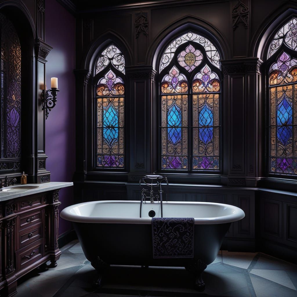 Gothic Modern Bathroom with Stained Glass