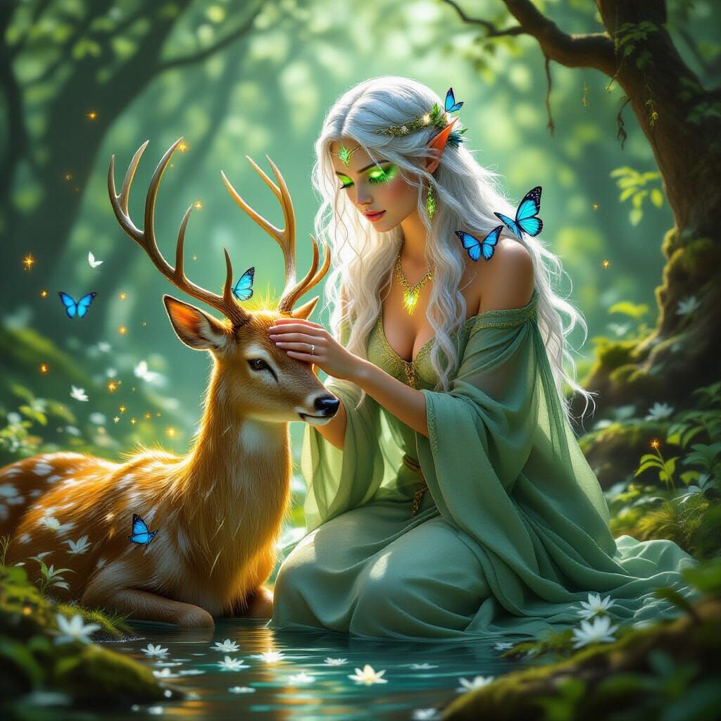 Ethereal Forest Goddess Healing Wounded Deer