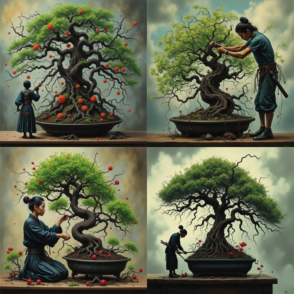 Surreal Samurai Prunes Twisted Bonsai in Cyberpunk Style