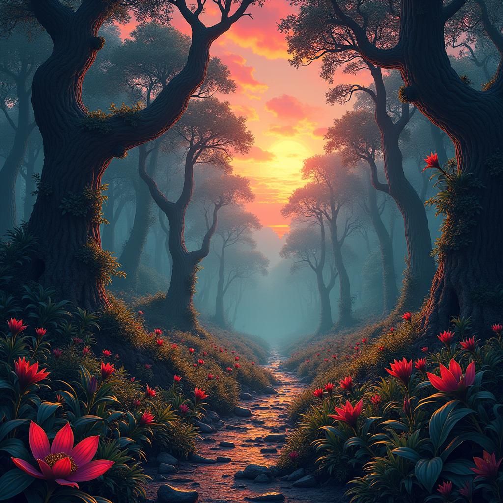 Mystical Forest at Sunset in Hyperrealistic Style