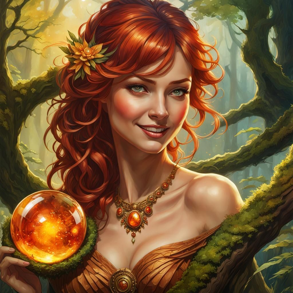 Watercolor Portrait of Woman with Amber Disk, Hyperdetailed