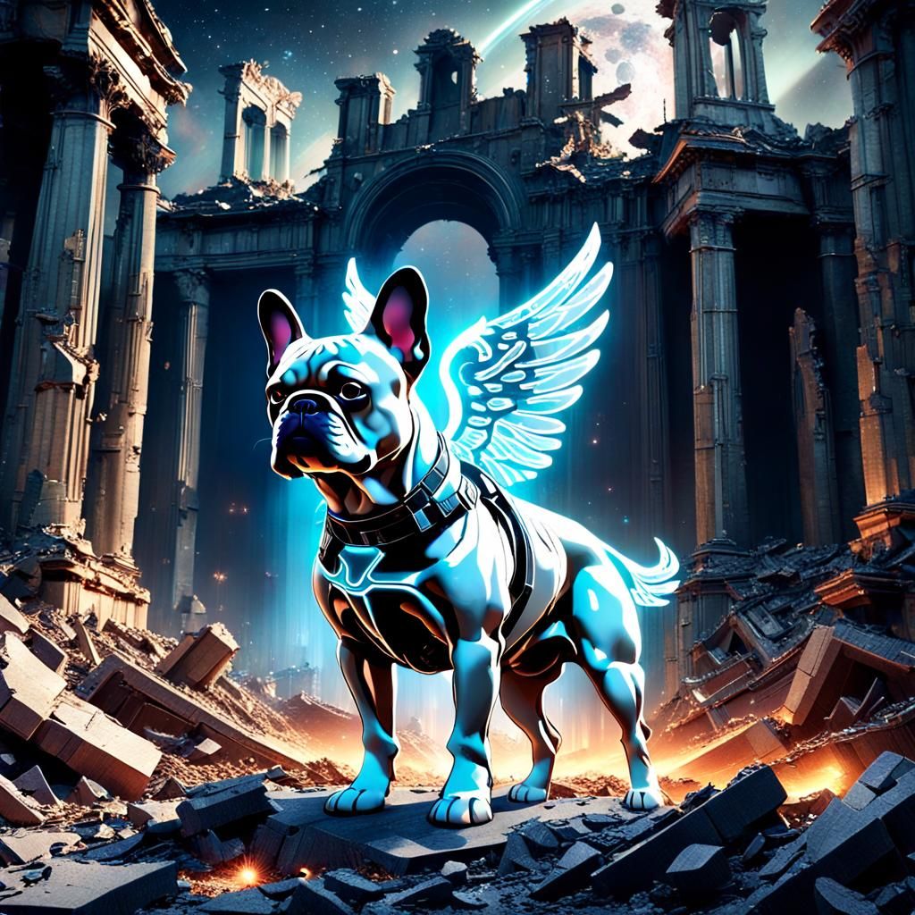 Titanium Angel Walks Dog Among Ruins in Graffiti Art
