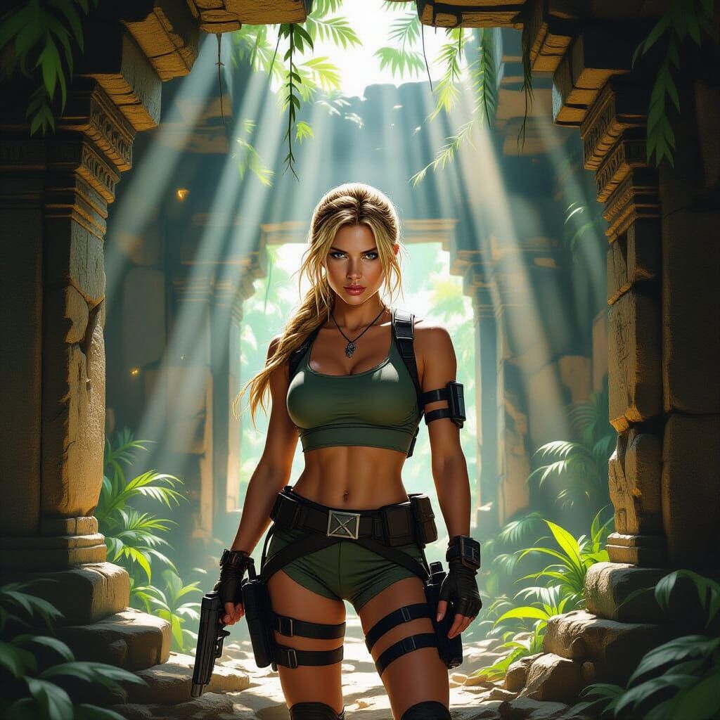 Lara Croft in Jungle Temple Ruins, Realistic Digital Paintin...