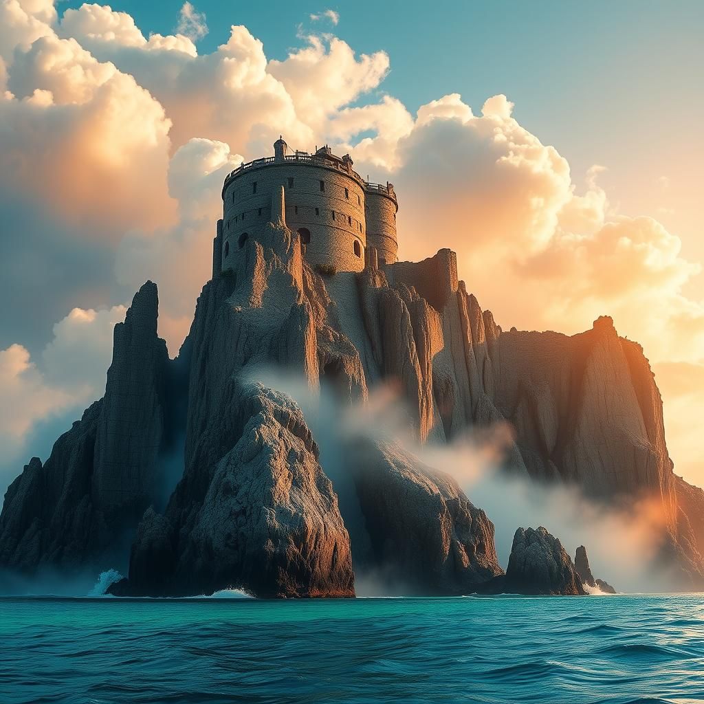 Monolithic Towers in Turquoise Ocean, Hyperrealistic Art